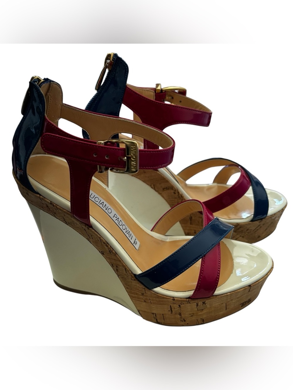 Magenta & Navy Patent Wedge Sandals